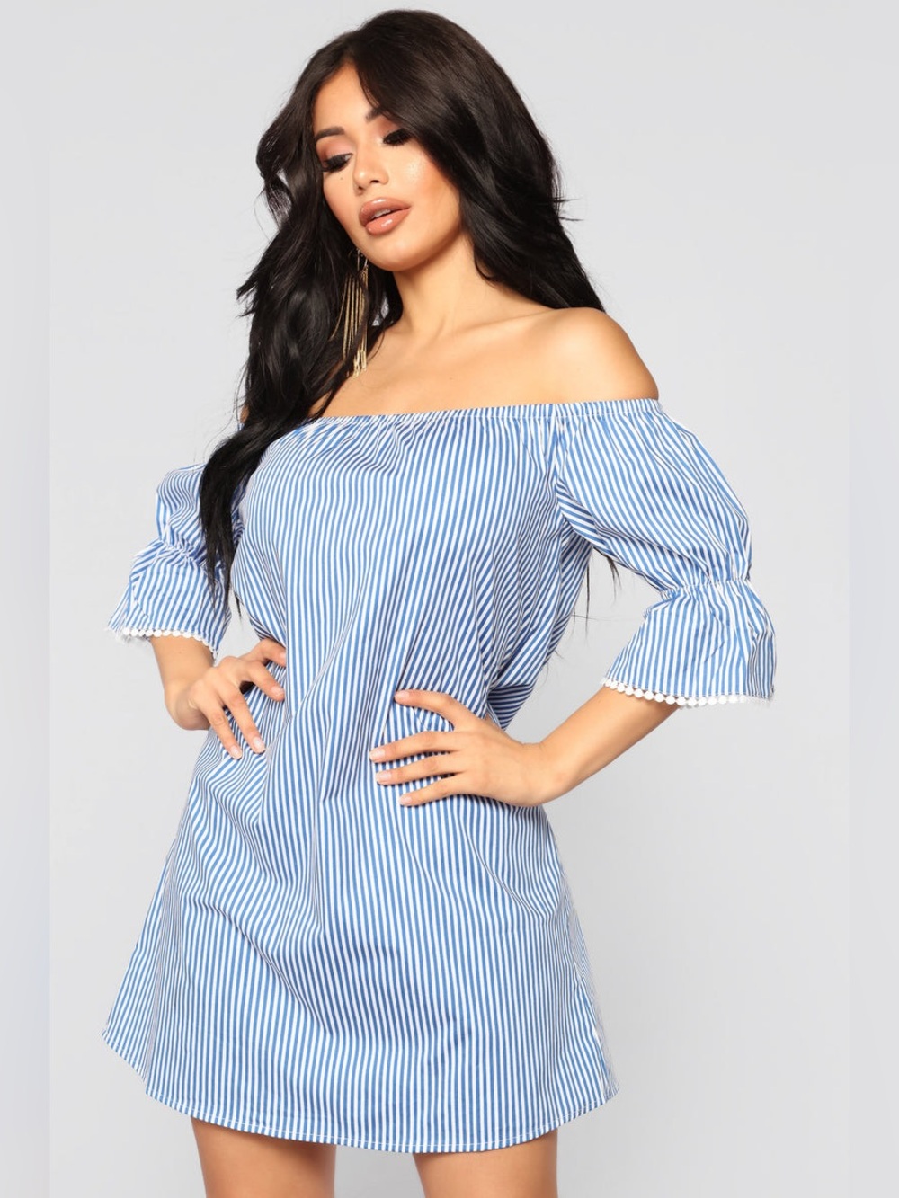 Ambiance Off-Shoulder Blue & White Striped Dress